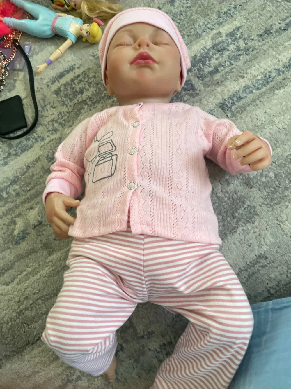 Pink Baby Doll Knit Cardigan & Striped Pants Set